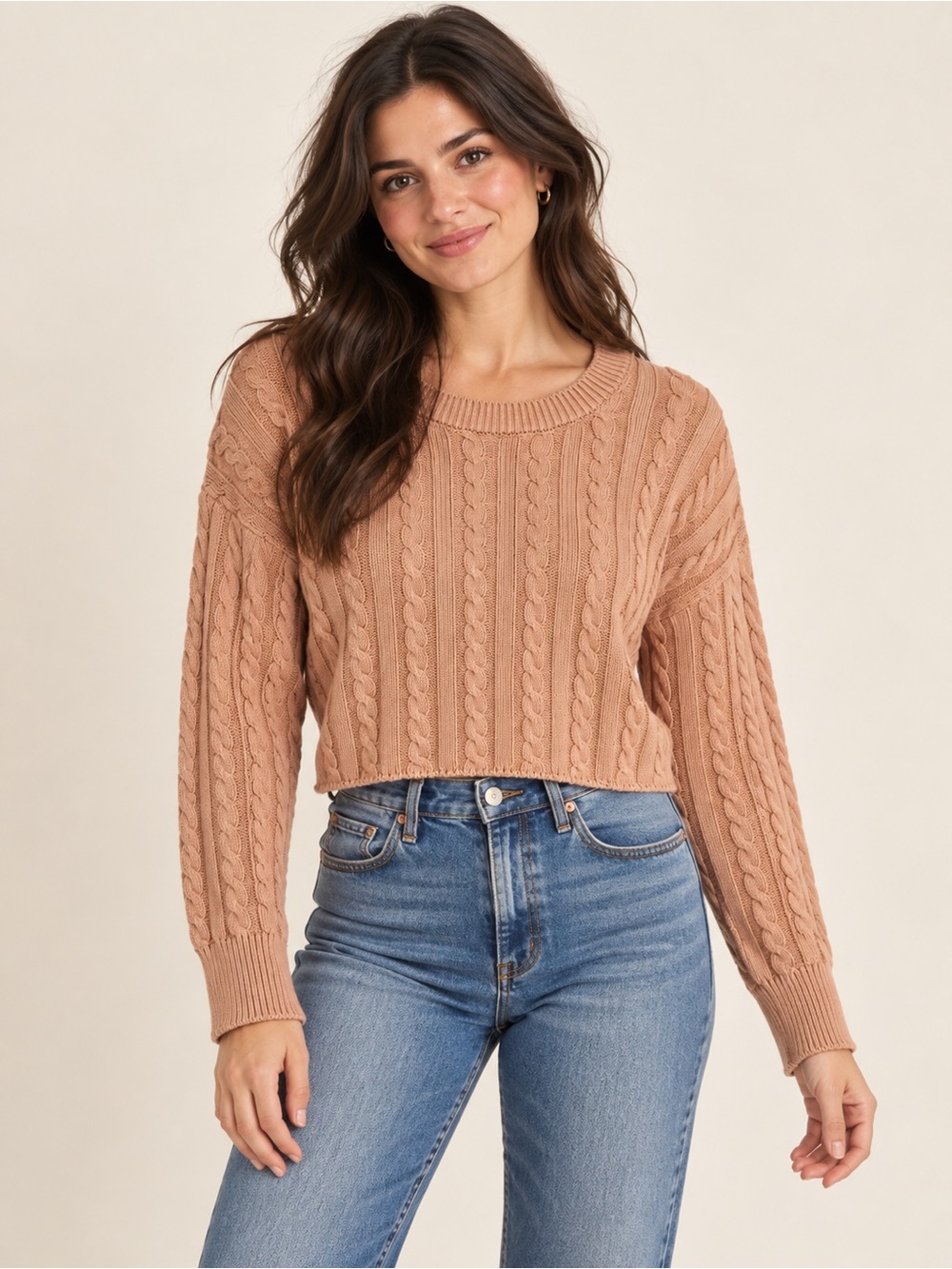 aerie Cropped Cable-Knit Sweater in Tan